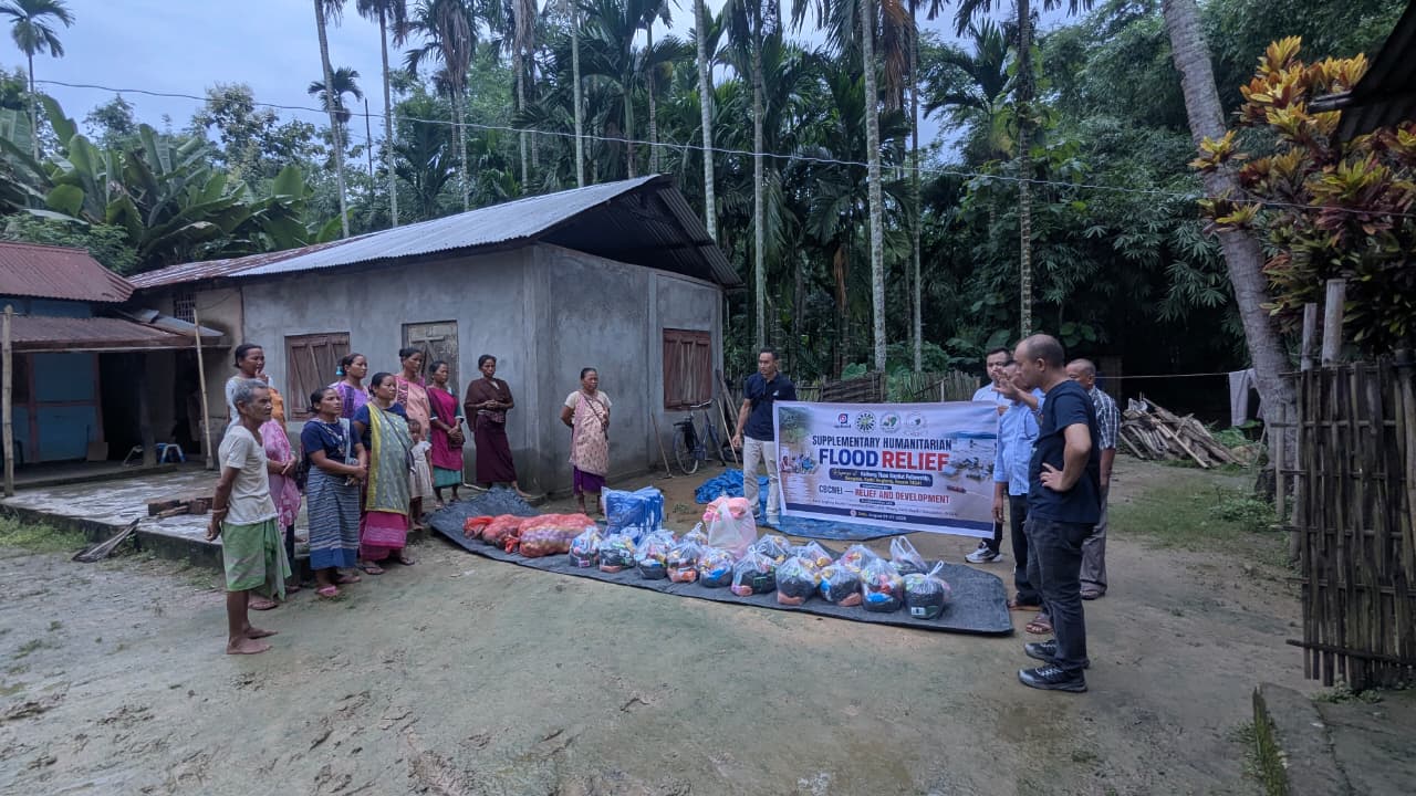Relief materials prepared for households affected by flooding at Kaibong Tisso Village.